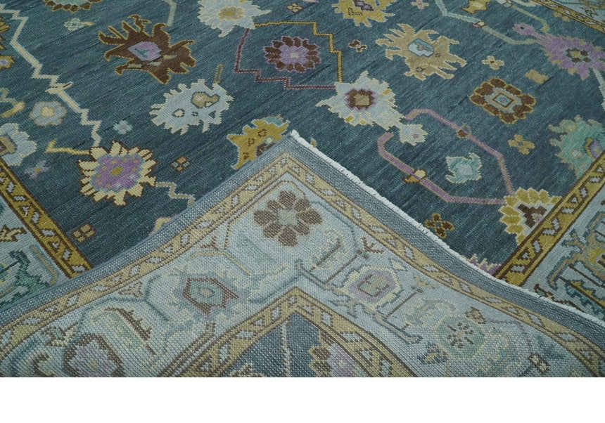 Hand Knotted Blue and Silver Vibrant colorful Oushak Wool Area Rug