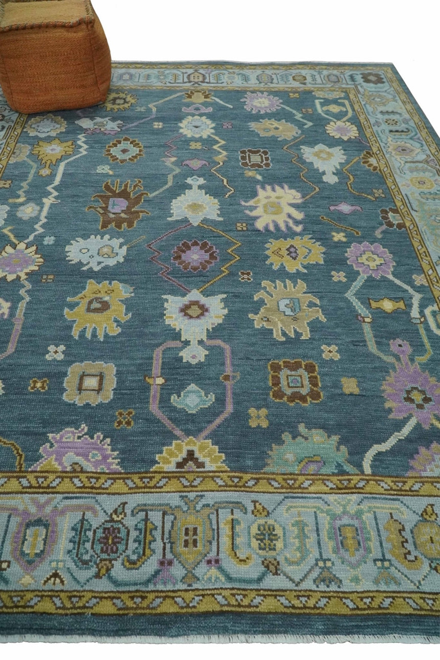 Hand Knotted Blue and Silver Vibrant colorful Oushak Wool Area Rug