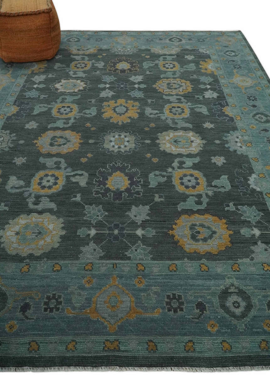 Hand Knotted Charcoal and Aqua Traditional Multi Size Oushak Wool Area Rug