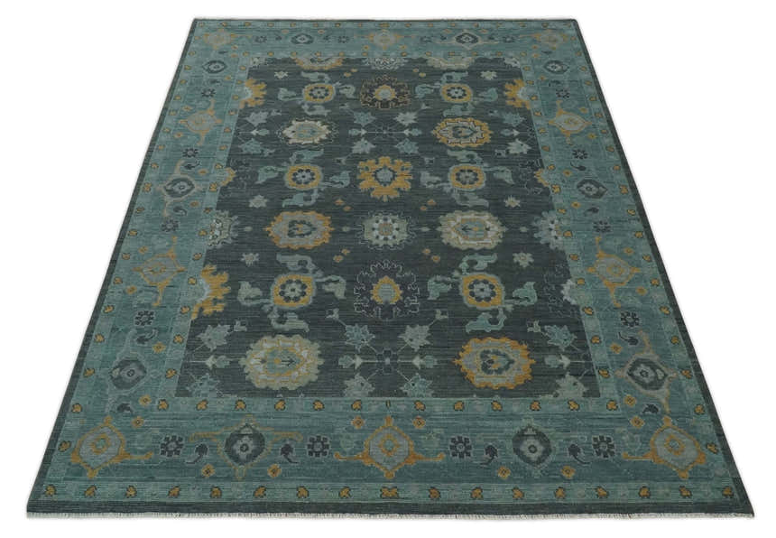 Hand Knotted Charcoal and Aqua Traditional Multi Size Oushak Wool Area Rug
