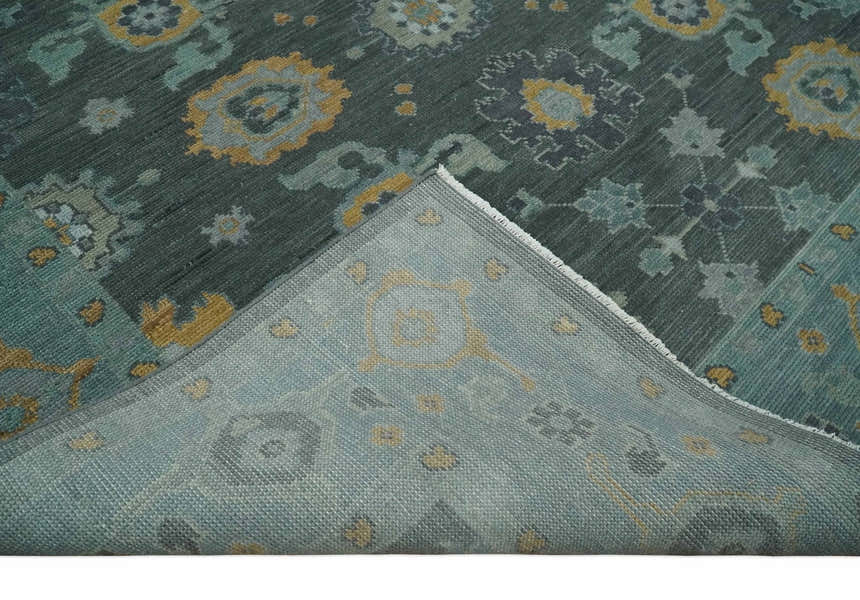 Hand Knotted Charcoal and Aqua Traditional Multi Size Oushak Wool Area Rug