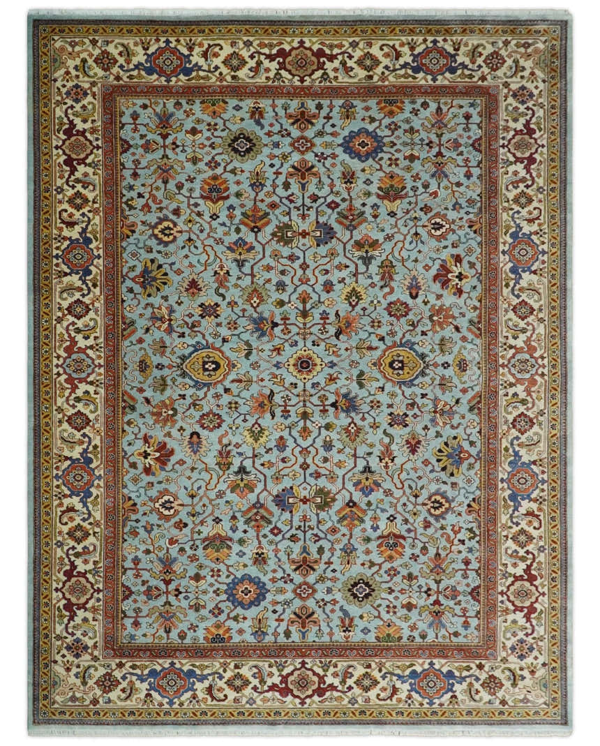 8x10 and 9x12 Fine Hand Knotted Blue and Ivory Traditional Vintage Antique Persian Wool Rug | TRDCP853