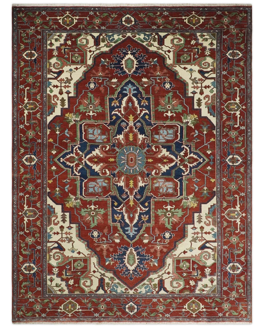 8x10 and 9x12 Fine Hand Knotted Blue, Ivory and Rust Traditional Vintage Heriz Serapi Antique Wool Rug | TRDCP470