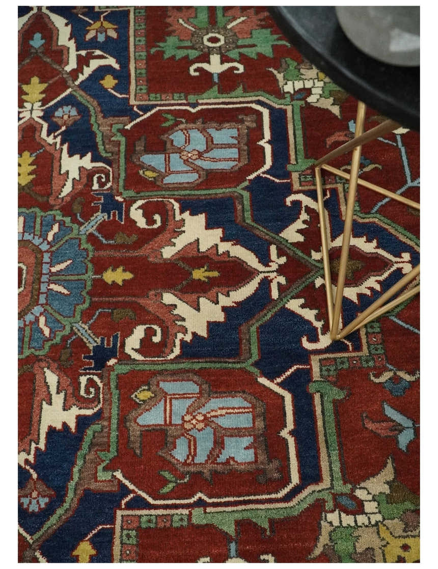 8x10 and 9x12 Fine Hand Knotted Blue, Ivory and Rust Traditional Vintage Heriz Serapi Antique Wool Rug | TRDCP470