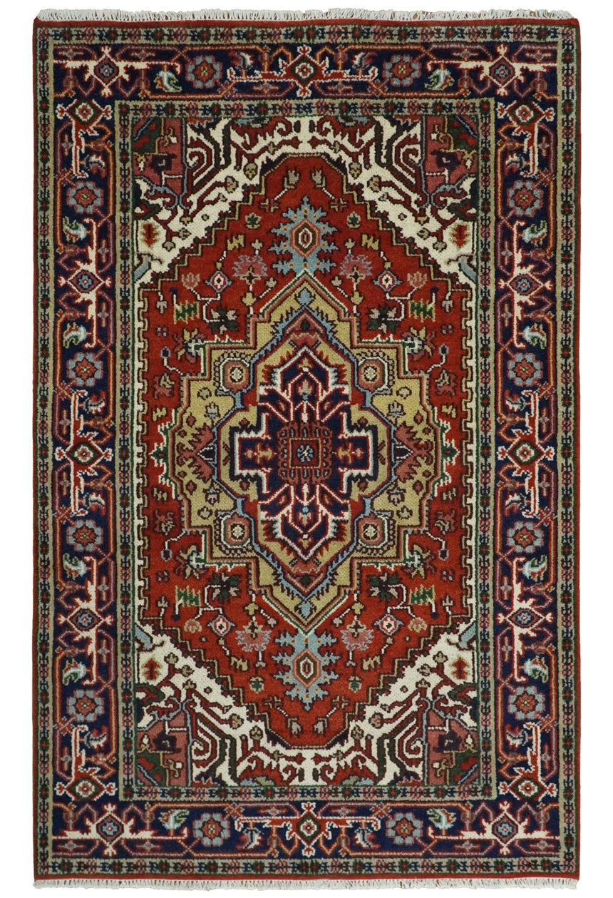 Hand Knotted Brown, Ivory and Blue Traditional Heriz Multi size Hand knotted Wool Area Rug