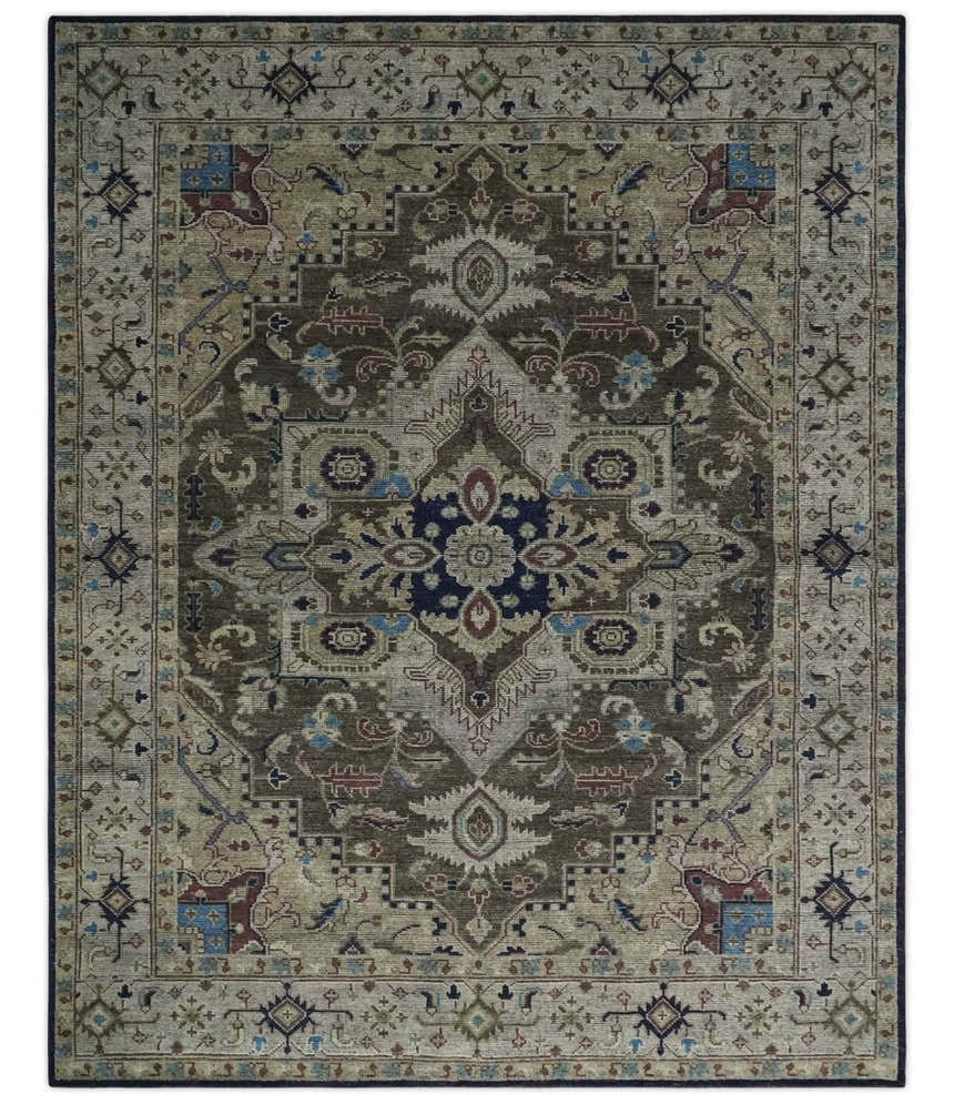 8x10 Antique look Brown, Beige and Blue Traditional Medallion wool Area Rug