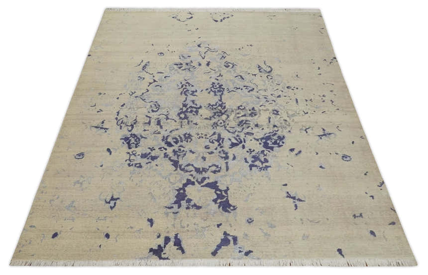 8x10 Beige, Blue and Silver Antique Style, Abstract Hand Knotted Low pile Wool Area Rug