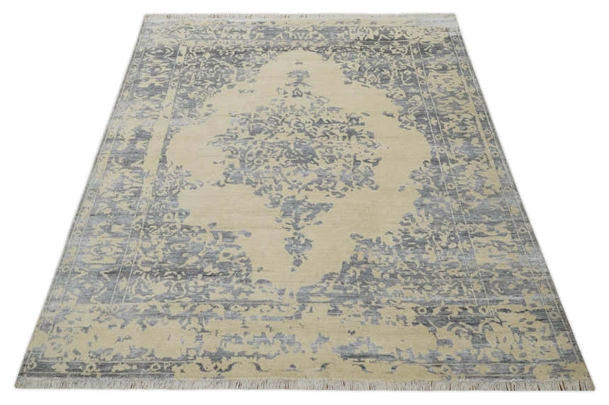 8x10 Beige, Charcoal and Silver Traditional Medallion Hand Knotted Wool and Bamboo Silk Area Rug