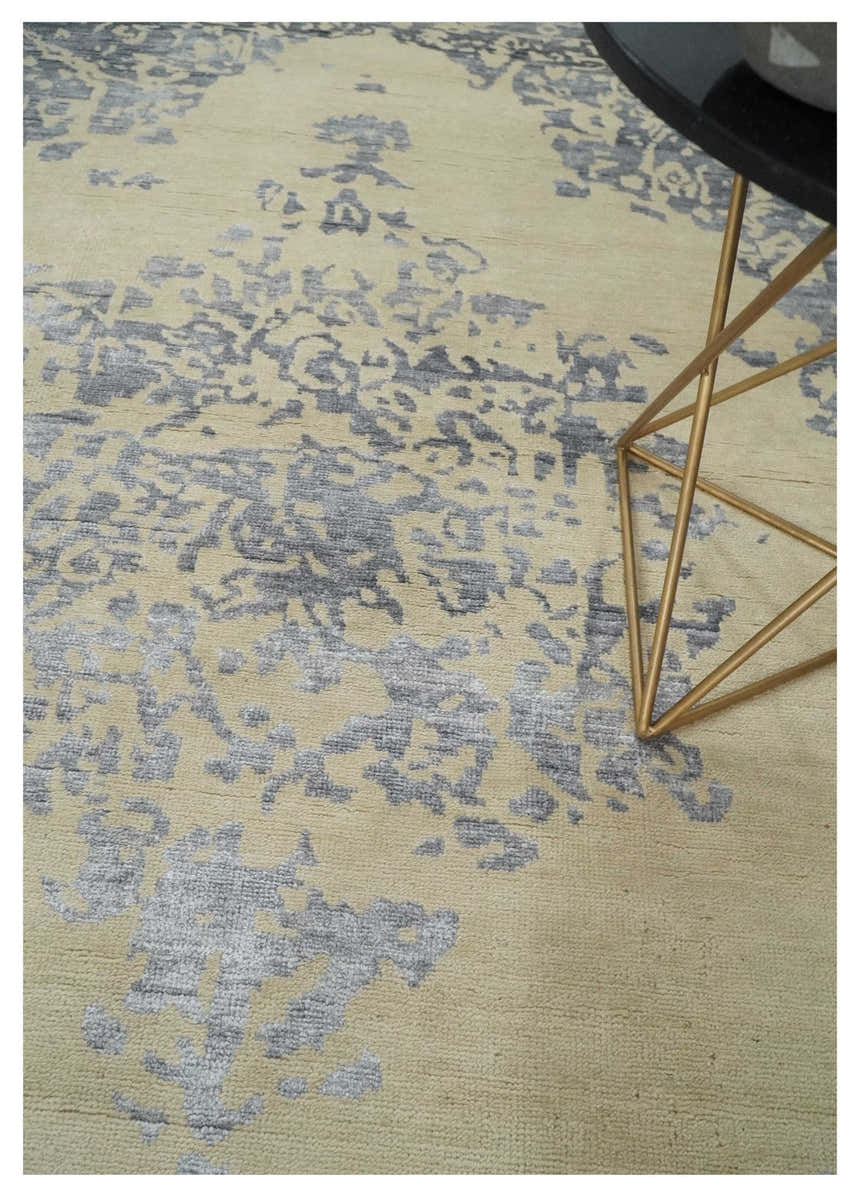 8x10 Beige, Charcoal and Silver Traditional Medallion Hand Knotted Wool and Bamboo Silk Area Rug