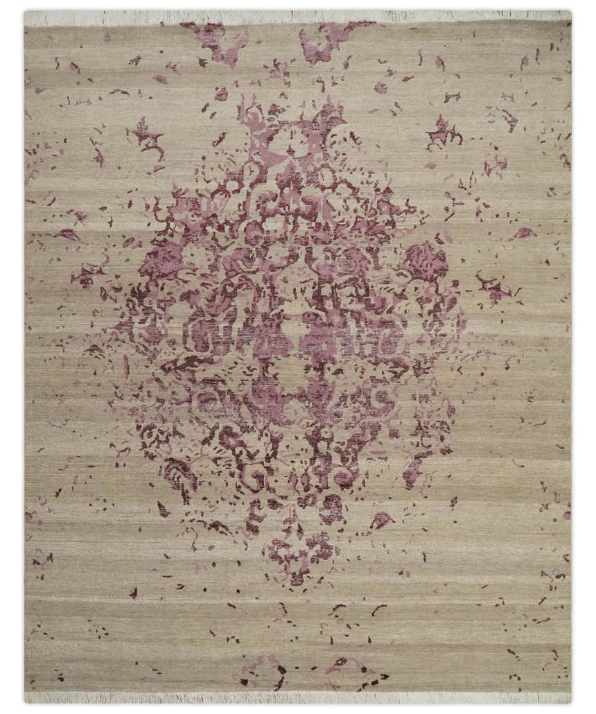 8x10 Camel and Purple Antique Style, Abstract Hand Knotted Low pile Wool Area Rug