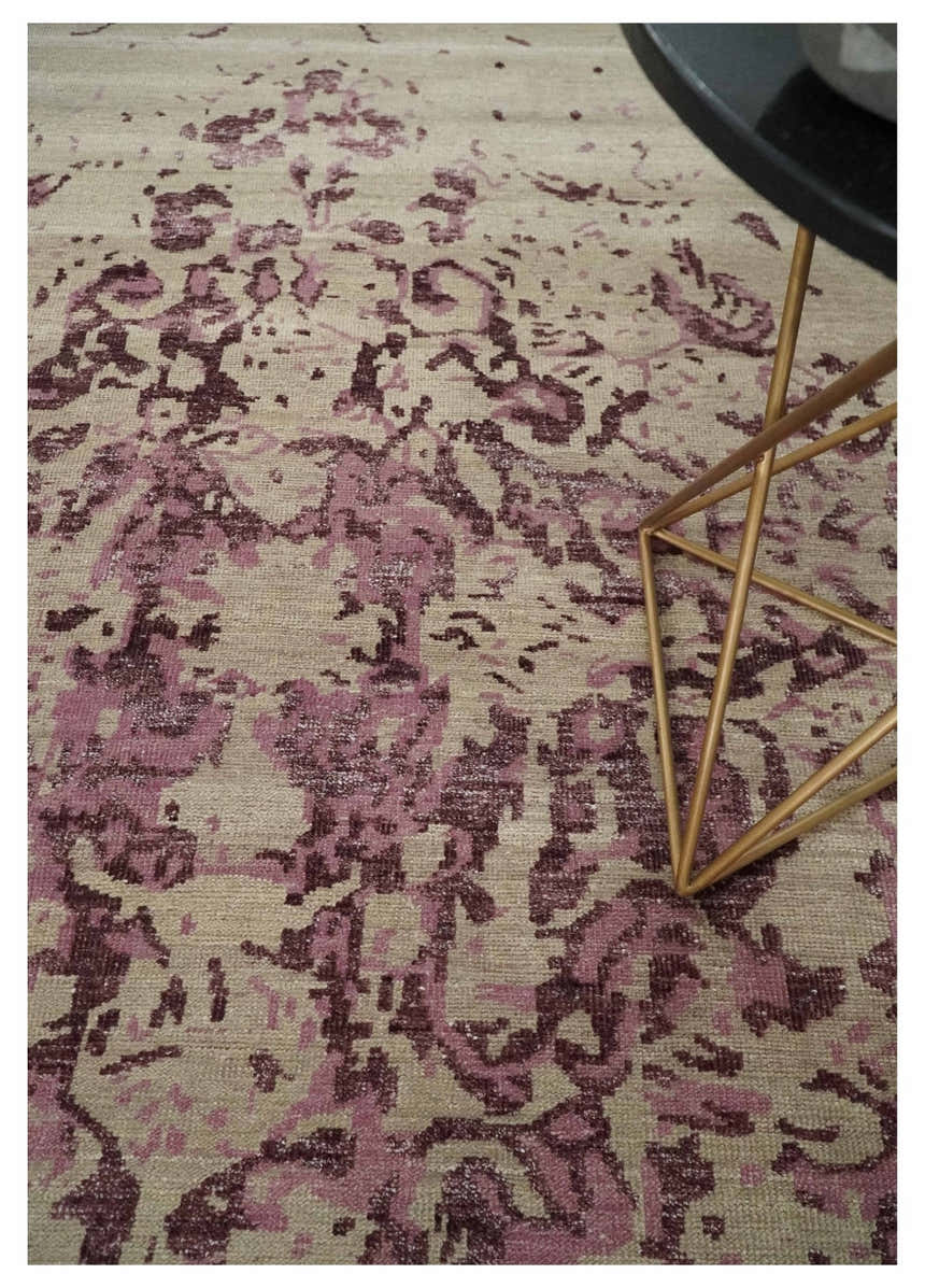 8x10 Camel and Purple Antique Style, Abstract Hand Knotted Low pile Wool Area Rug