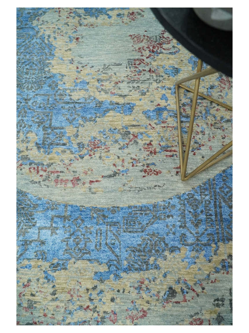 8x10 Fine Hand Knotted Beige and Blue Modern Abstract Style Antique Wool and Silk Area Rug | AGR37