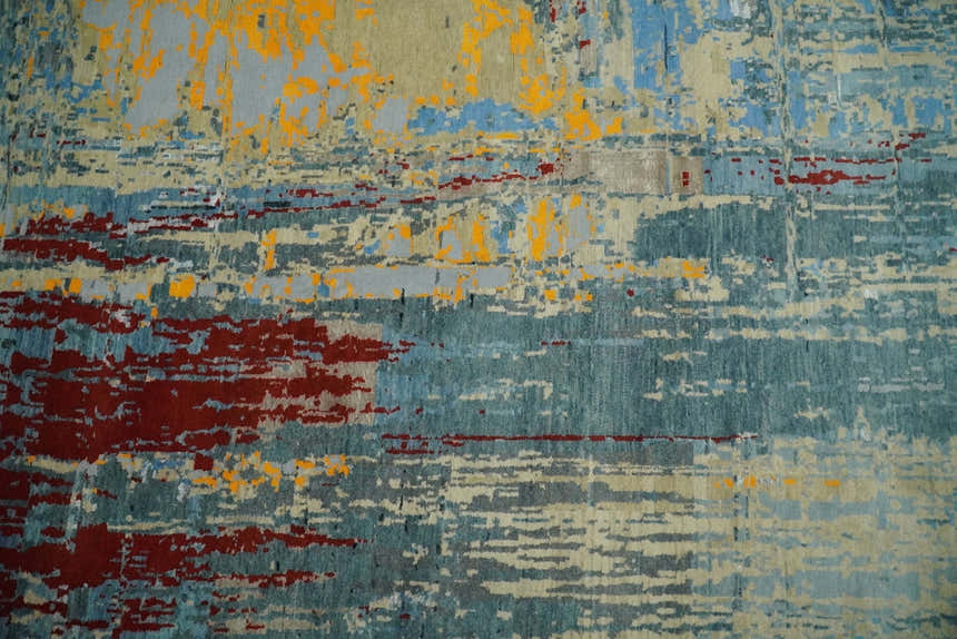 8x10 Fine Hand Knotted Beige and Blue Modern Abstract Style Antique Wool and Silk Area Rug | TRDCP630810