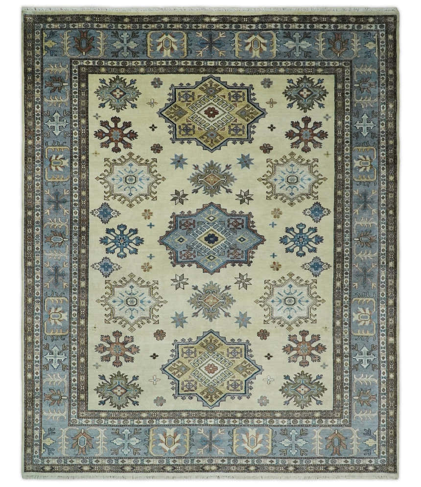 8x10 Fine Hand Knotted Blue and Beige Traditional Vintage Persian Style Antique Wool and Silk Rug | TRDCP510810