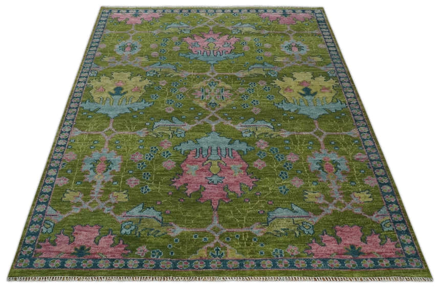 Ready to Ship Green, Blue and Peach Hand Knotted Vibrant Donegal Floral Wool Rug