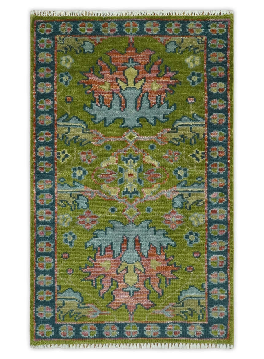 Ready to Ship Green, Blue and Peach Hand Knotted Vibrant Donegal Floral Wool Rug