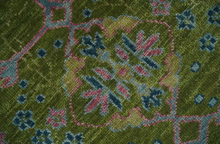 Ready to Ship Green, Blue and Peach Hand Knotted Vibrant Donegal Floral Wool Rug