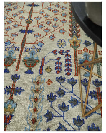 Hand Knotted Antique Ivory, Blue and Gray Traditional Vintage Style Oushak Wool Rug