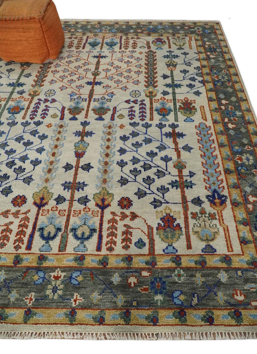 Hand Knotted Antique Ivory, Blue and Gray Traditional Vintage Style Oushak Wool Rug