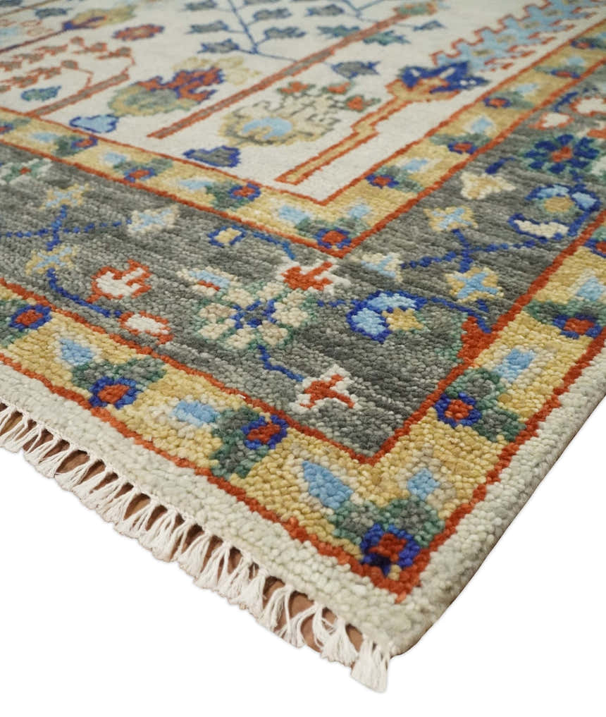 Hand Knotted Antique Ivory, Blue and Gray Traditional Vintage Style Oushak Wool Rug