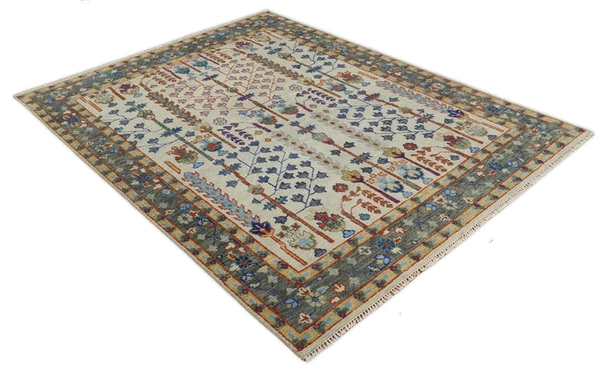 Hand Knotted Antique Ivory, Blue and Gray Traditional Vintage Style Oushak Wool Rug