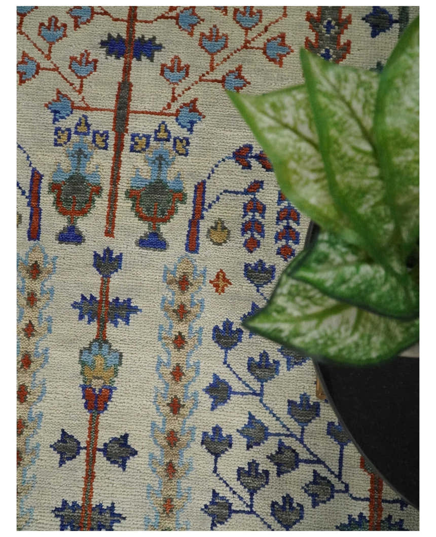 Hand Knotted Antique Ivory, Blue and Gray Traditional Vintage Style Oushak Wool Rug