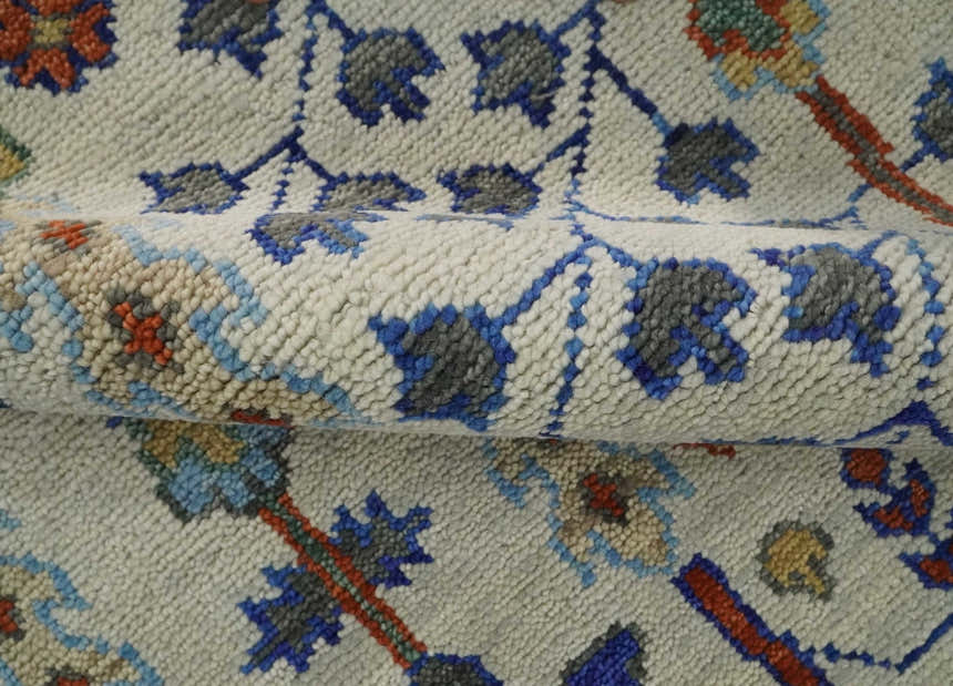Hand Knotted Antique Ivory, Blue and Gray Traditional Vintage Style Oushak Wool Rug