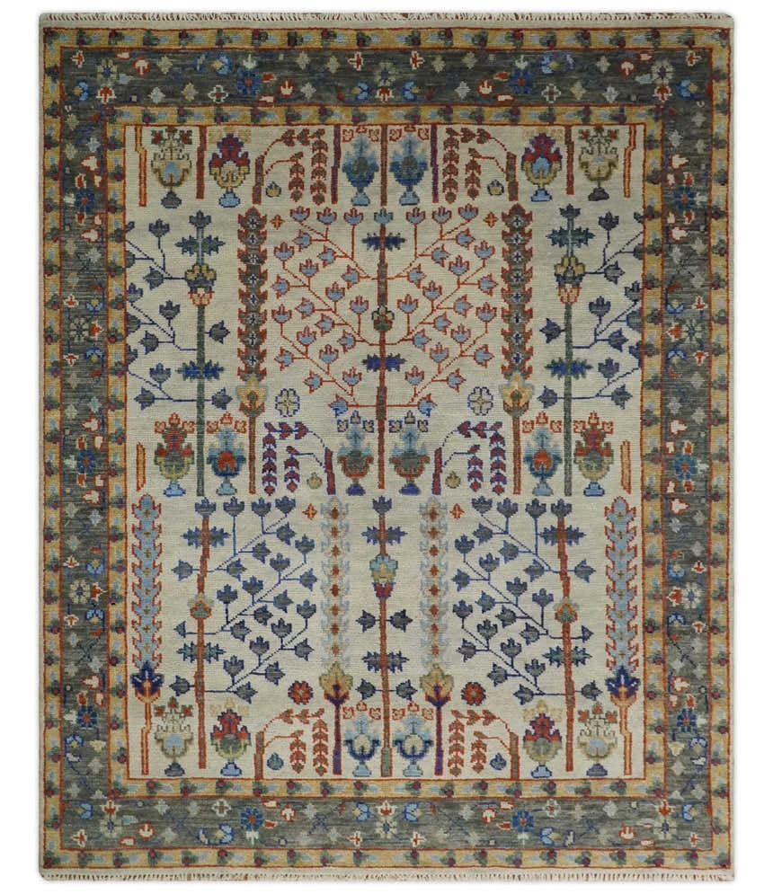 Hand Knotted Antique Ivory, Blue and Gray Traditional Vintage Style Oushak Wool Rug
