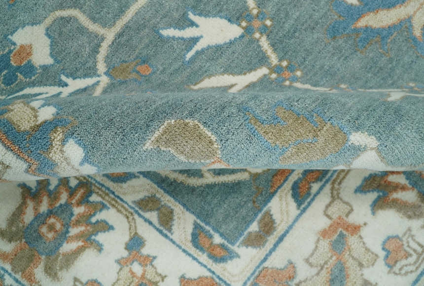 8x10 Hand Knotted Blue and Beige Traditional Vintage Turkish Oushak Antique Wool Rug | TRDCP756810