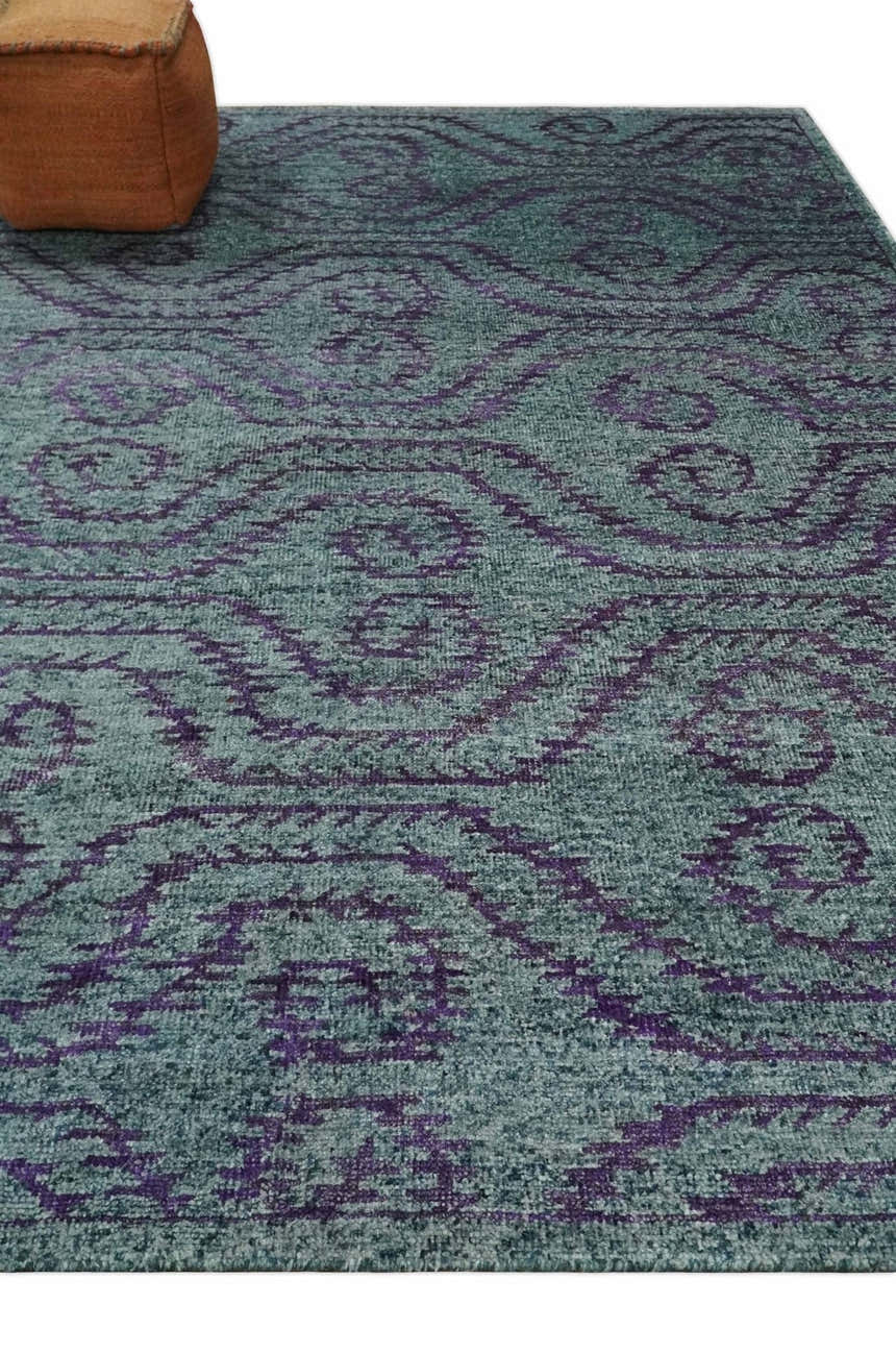 5x8 and 8x10 Hand Knotted Blue, Gray and Purple Modern Contemporary Southwestern Tribal Trellis Recycled Silk Area Rug | OP32