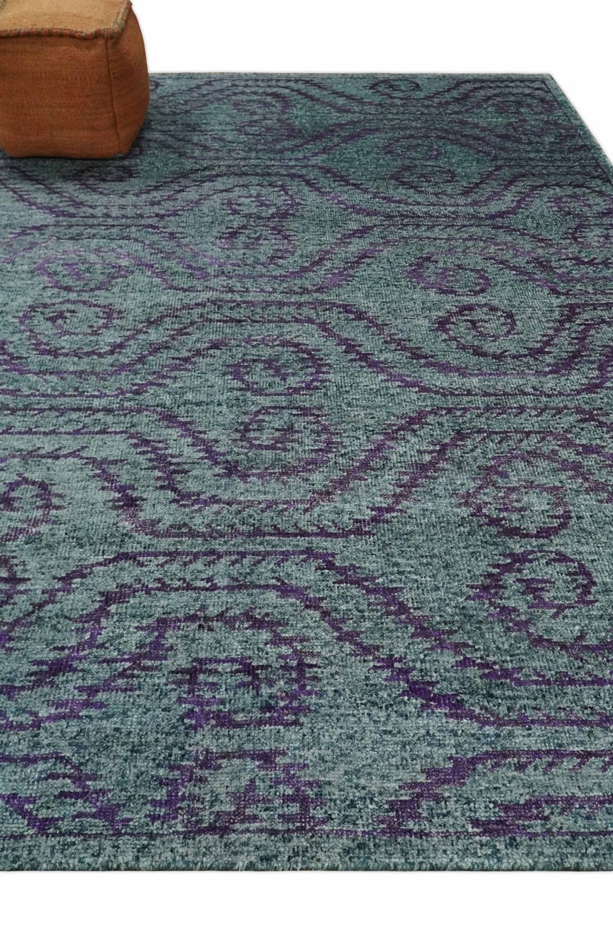 5x8 and 8x10 Hand Knotted Blue, Gray and Purple Modern Contemporary Southwestern Tribal Trellis Recycled Silk Area Rug | OP32