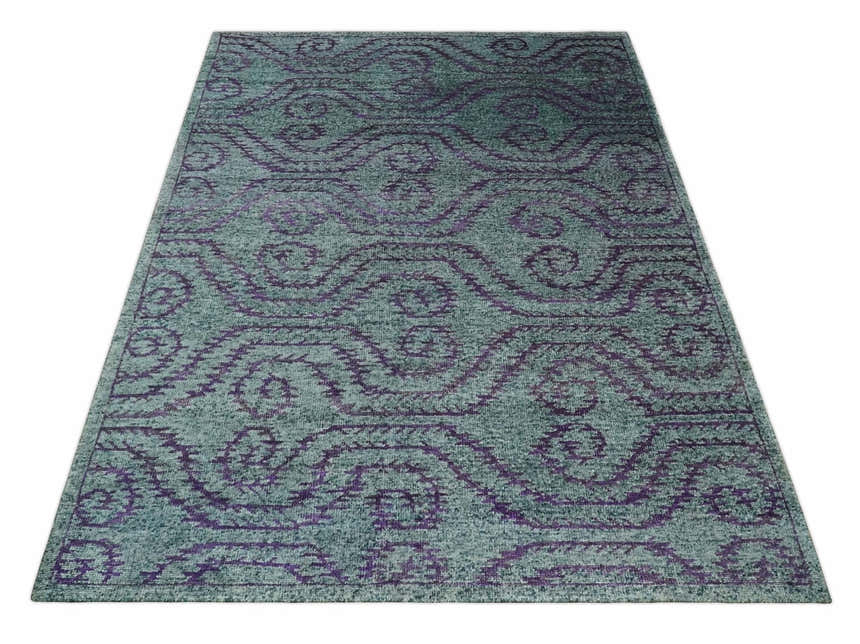 5x8 and 8x10 Hand Knotted Blue, Gray and Purple Modern Contemporary Southwestern Tribal Trellis Recycled Silk Area Rug | OP32