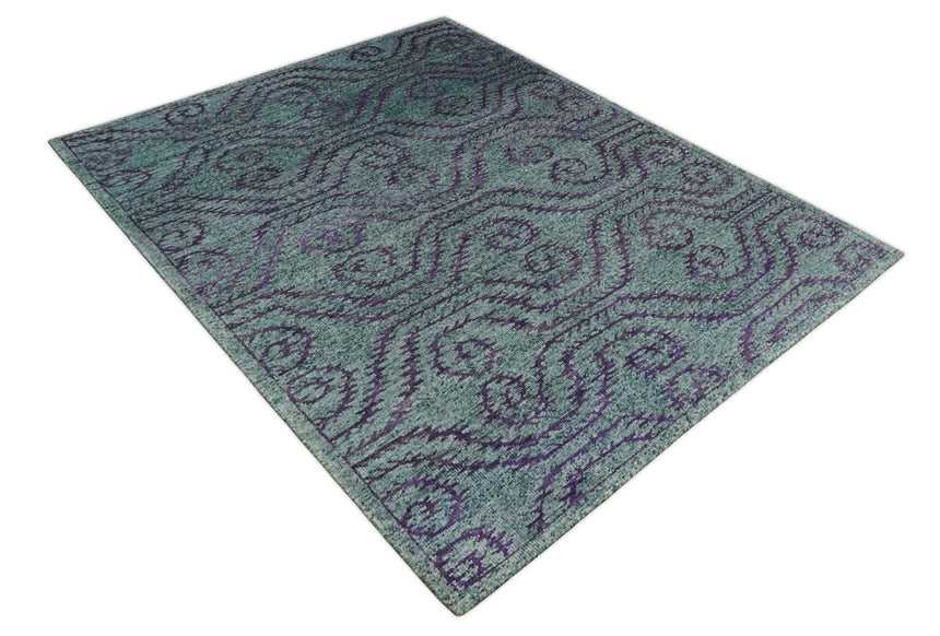5x8 and 8x10 Hand Knotted Blue, Gray and Purple Modern Contemporary Southwestern Tribal Trellis Recycled Silk Area Rug | OP32
