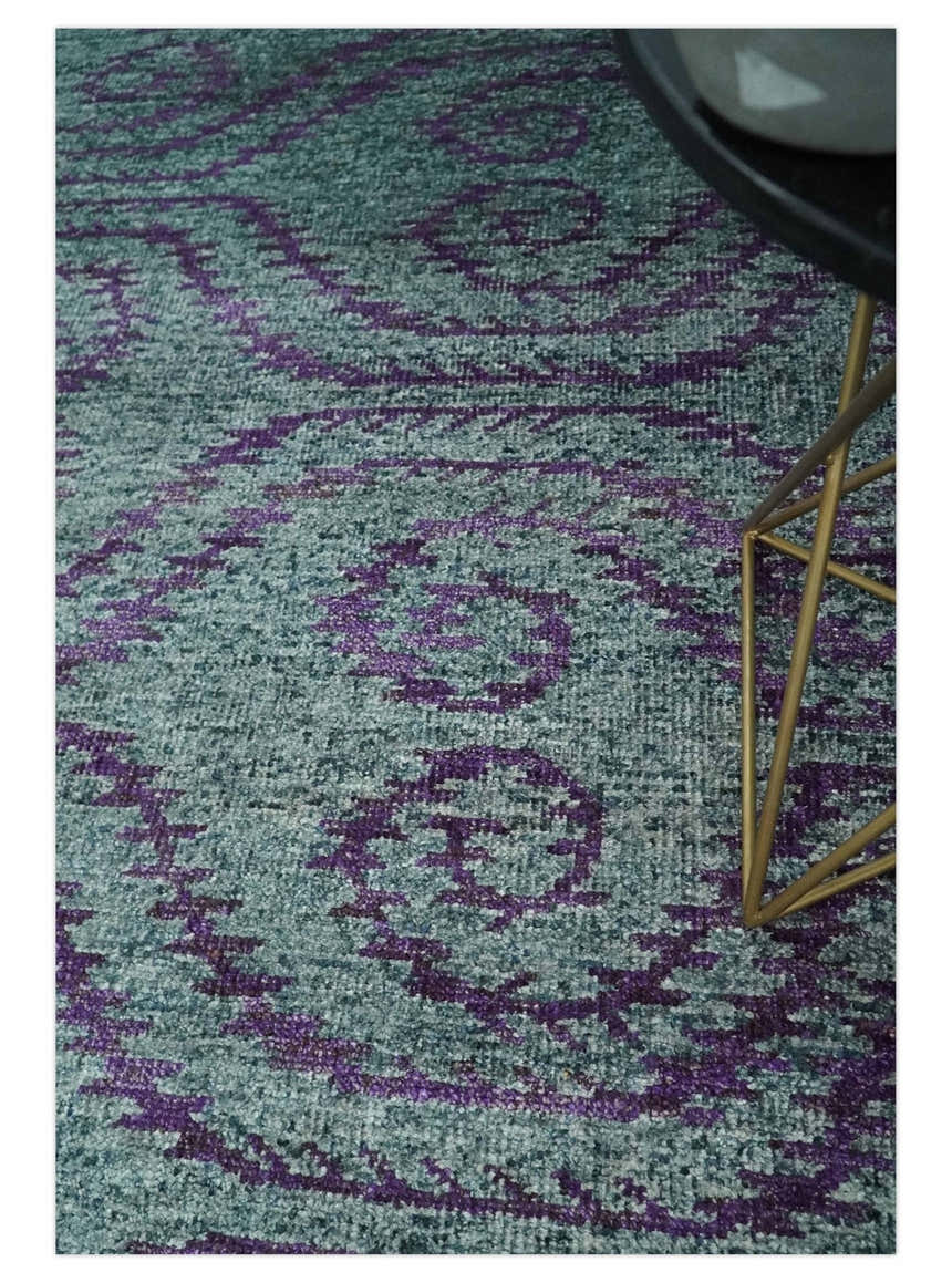 5x8 and 8x10 Hand Knotted Blue, Gray and Purple Modern Contemporary Southwestern Tribal Trellis Recycled Silk Area Rug | OP32