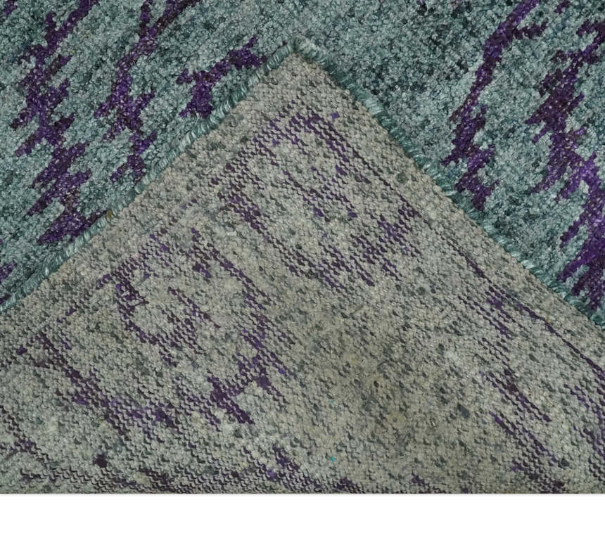 5x8 and 8x10 Hand Knotted Blue, Gray and Purple Modern Contemporary Southwestern Tribal Trellis Recycled Silk Area Rug | OP32