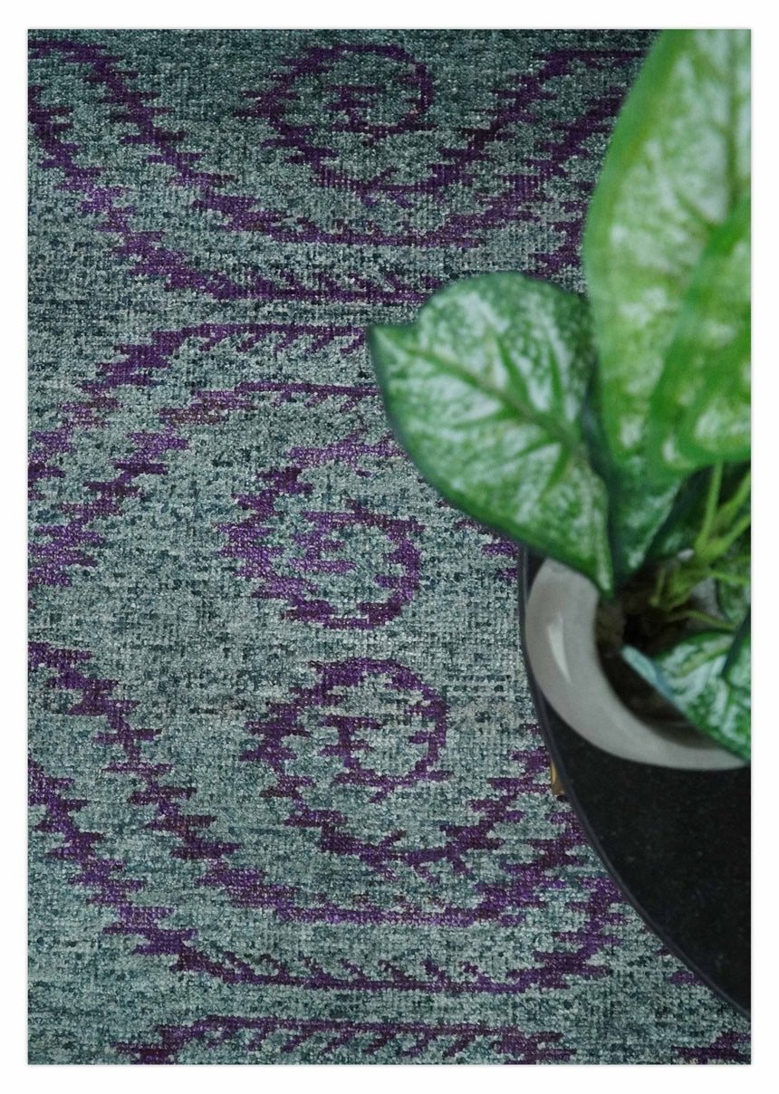 5x8 and 8x10 Hand Knotted Blue, Gray and Purple Modern Contemporary Southwestern Tribal Trellis Recycled Silk Area Rug | OP32