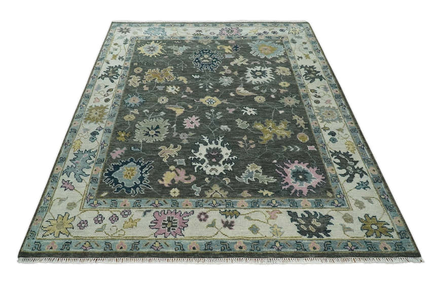 8x10 Hand Knotted Charcoal and Ivory Traditional Vintage Antique Persian Wool Rug | TRDCP891810