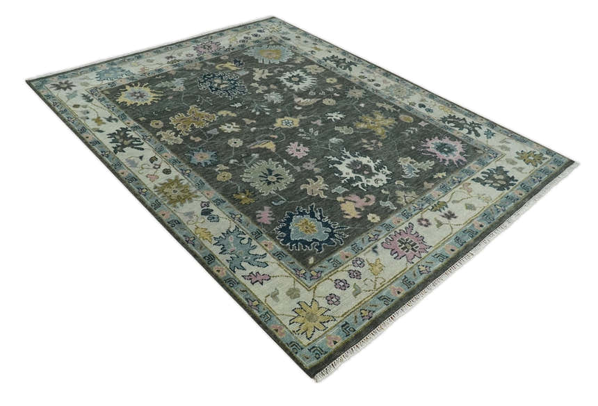 8x10 Hand Knotted Charcoal and Ivory Traditional Vintage Antique Persian Wool Rug | TRDCP891810