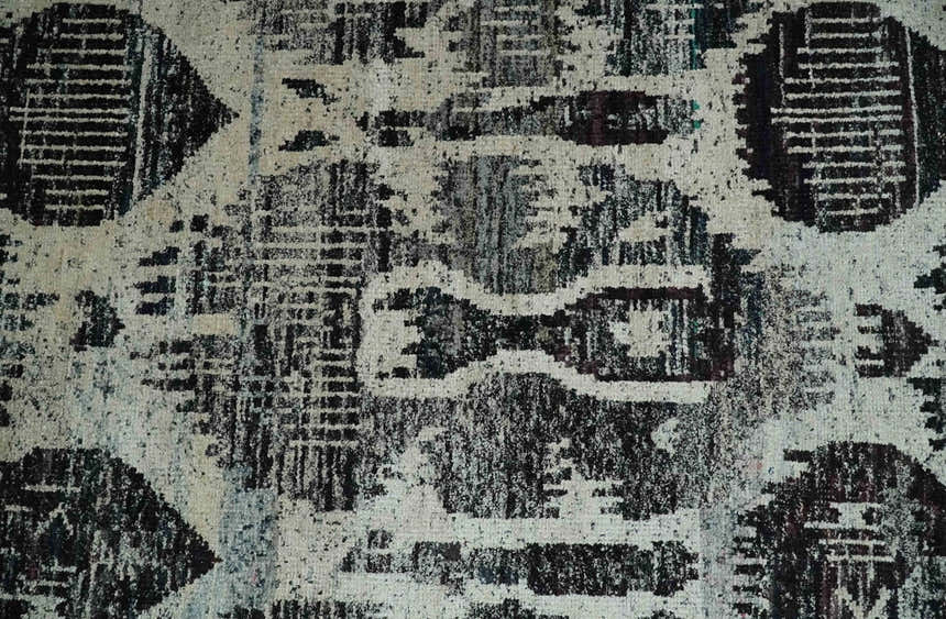 4x6 and 8x10 Hand Knotted Ivory, Charcoal and Brown Antique Persian Style Contemporary Recycled Silk Area Rug | OP46