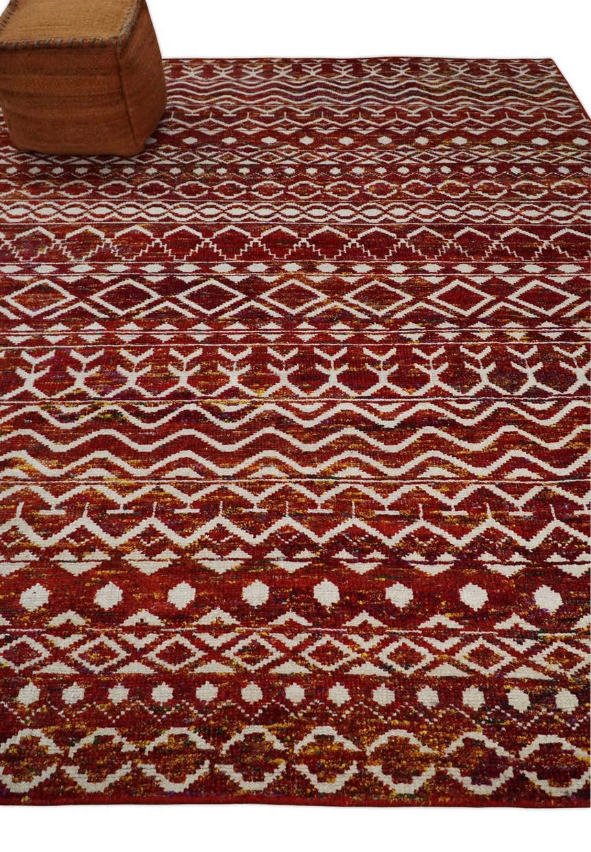 8x10 Hand Knotted Rust, Gold and White Modern Contemporary Southwestern Tribal Trellis Recycled Silk Area Rug