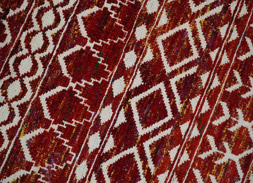 8x10 Hand Knotted Rust, Gold and White Modern Contemporary Southwestern Tribal Trellis Recycled Silk Area Rug
