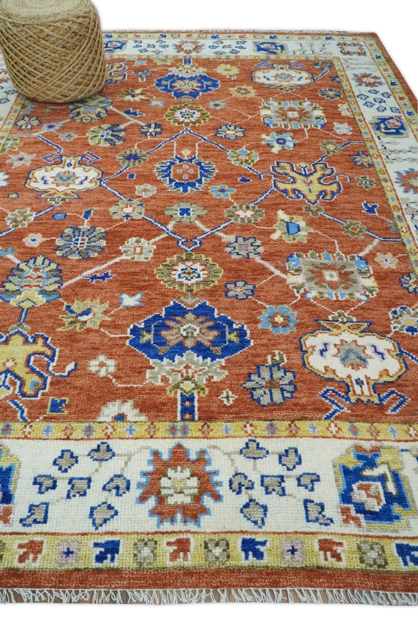 Rust, Ivory and Blue Hand Knotted Oriental Oushak Custom Made wool Area Rug