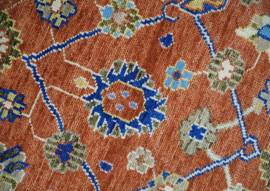 Rust, Ivory and Blue Hand Knotted Oriental Oushak Custom Made wool Area Rug