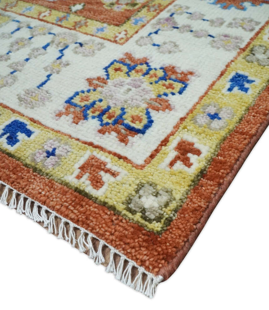Rust, Ivory and Blue Hand Knotted Oriental Oushak Custom Made wool Area Rug