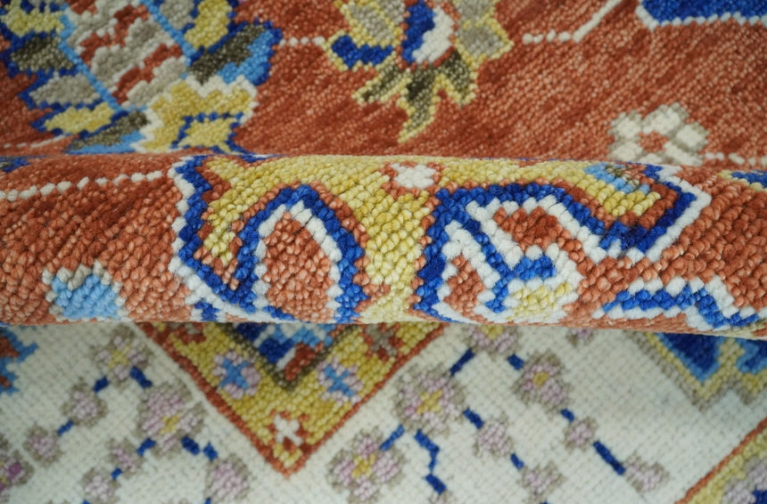 Rust, Ivory and Blue Hand Knotted Oriental Oushak Custom Made wool Area Rug