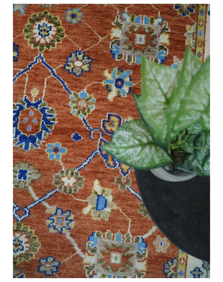 Rust, Ivory and Blue Hand Knotted Oriental Oushak Custom Made wool Area Rug