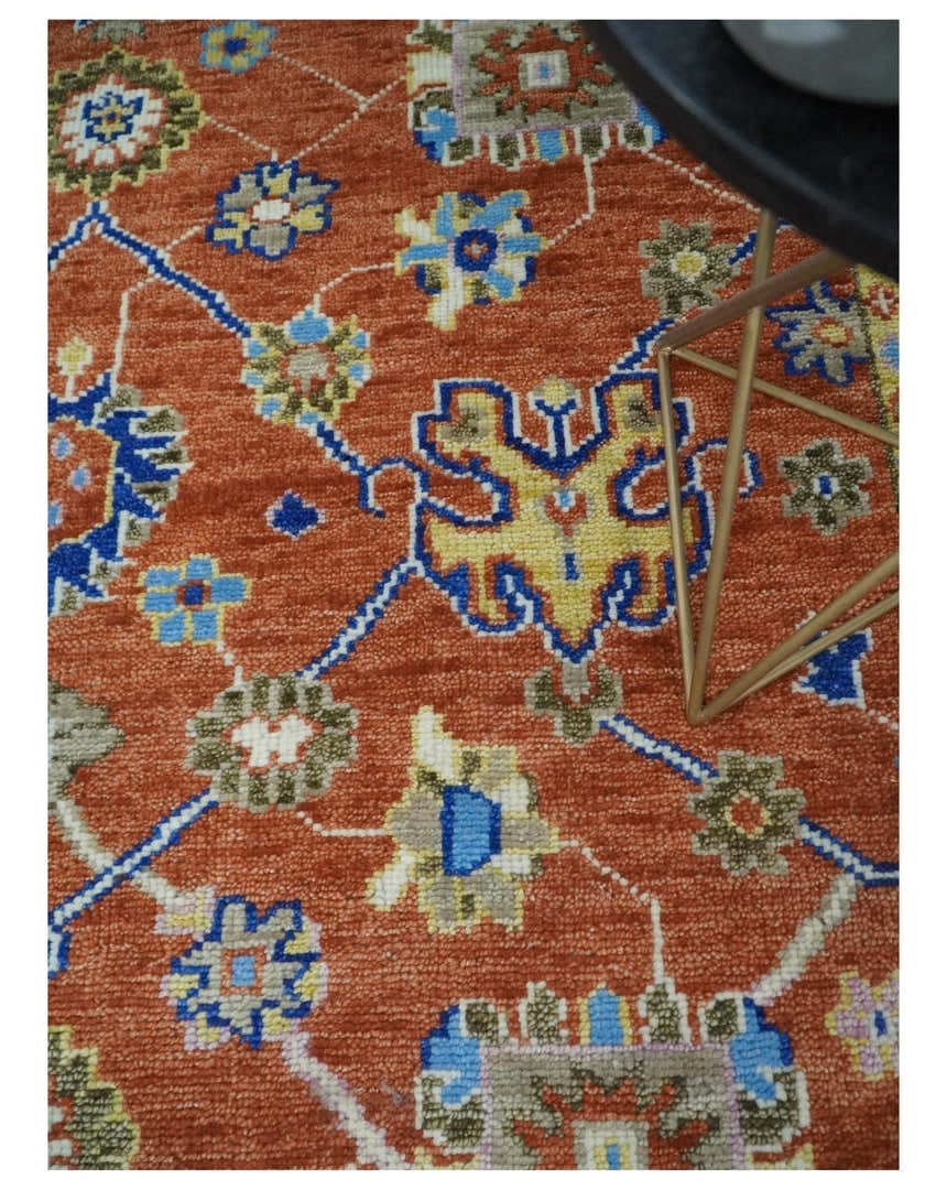 Rust, Ivory and Blue Hand Knotted Oriental Oushak Custom Made wool Area Rug