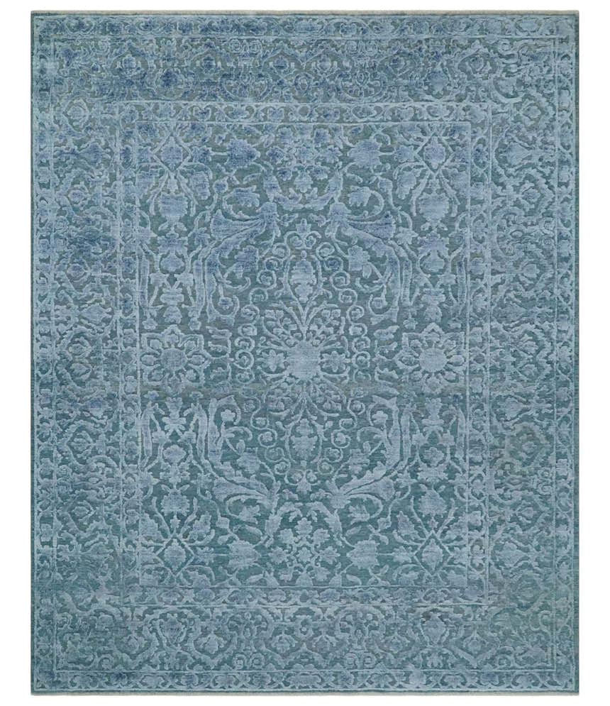 8x9.7 Blue Antique Style, Distressed Finish Hand Carved Traditional Medalian Hand Knotted Wool and Silk Rug
