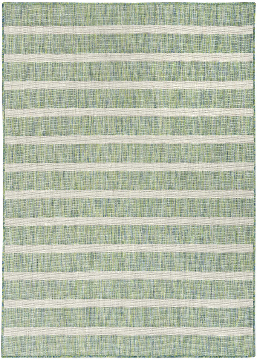 Close-up of Nourison Positano rug in blue, green, and ivory. Features a modern striped pattern and woven texture.