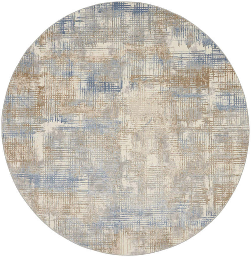 Close-up of round Calvin Klein CK950 Rush rug. Blue, beige, and ivory abstract grid pattern. High pile texture.